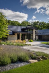 Modern residential architecture blends with nature in a landscaped front yard showcasing plants and stone features under a vibrant sky