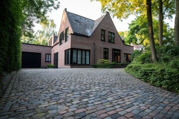 Modern brick house with elegant landscaping and cobblestone driveway in a serene neighborhood during bright daylight hours