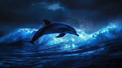 Naklejka premium A dolphin leaps gracefully above glowing blue waves under a dark, moody sky at night.