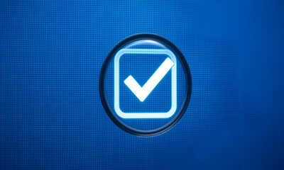 Glowing white checkmark icon on blue background