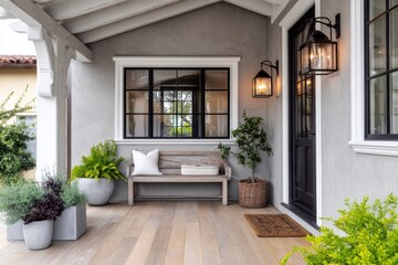Cozy front porch featuring a rustic bench, potted plants, and outdoor lighting in a tranquil residential setting during a sunny day