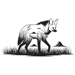 A maned wolf walking through grass with a field illustration