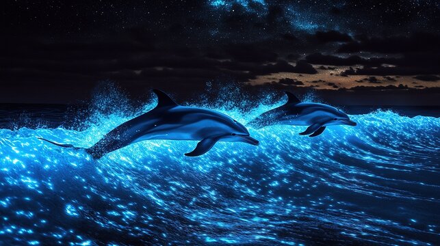 Three dolphins leap through glowing bioluminescent waves under a starry night sky, creating a magical ocean scene.