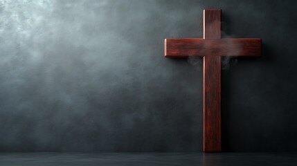 Naklejka premium Dark wooden cross against a textured wall.