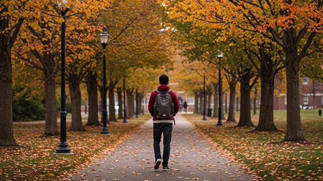 College Student Walking Through Campus From Behind on a Fall Day