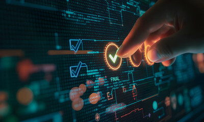 Fototapeta premium Hand touching digital check mark interface