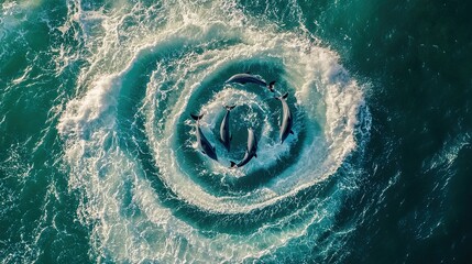 Aerial view of dolphins swimming in a circular formation, creating swirling patterns in the ocean water.