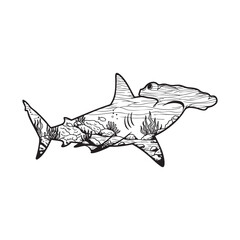 A hammerhead shark with an ocean coral reef vector design