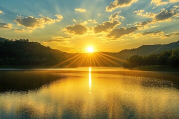 Golden sunset over a tranquil lake, with sun rays radiating through clouds