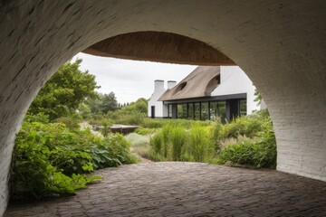 Obraz premium Architectural design showcases modern house framed by natural elements in a serene garden setting with lush greenery enhancing the outdoor experience