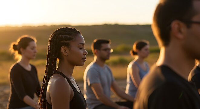 Diverse group meditating outdoors at sunset