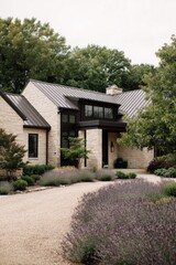 Discover an elegant modern home beautifully nestled amidst lush greenery and aromatic lavender, situated in a peaceful suburban neighborhood