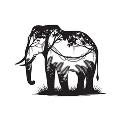 An elephant formed from jungle trees with ferns and vines