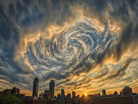 Dramatic swirling clouds over a city skyline at sunset