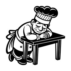 Sleepy Chef Mascot Leaning On Table Vector