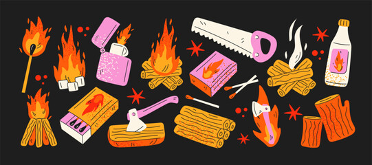 Set of fire and camping icons in retro style. Torch, matches, lighter, logs, saw, axe, wood and flames. Survival and outdoor adventure elements for hiking, forest trip and campfire.Vector illustration © Limpreom