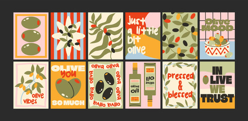 Set olive posters for the kitchen. Bottles of oil, leaves and Mediterranean food. Graphic postcards with culinary vibes, healthy food and kitchen decoration. Isolated vector wall decor illustrations.