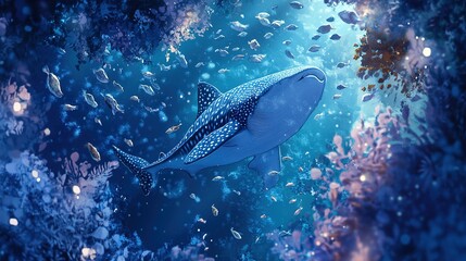 A majestic whale shark swims peacefully through a vibrant coral reef teeming with colorful fish and marine life.