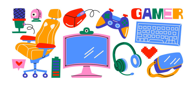 Set of gamer stickers in retro style. Gaming chair, monitor, keyboard, mouse, controller, VR headset, microphone and headphones. Collection of e-sport equipment and digital devices for video games.