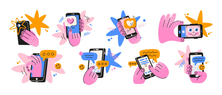 Set of online chat icons and mobile messaging. Smartphones in hands, speech bubbles, emoji, typing symbols and reactions. Modern messengers and interface buttons for digital communication. Vector icon