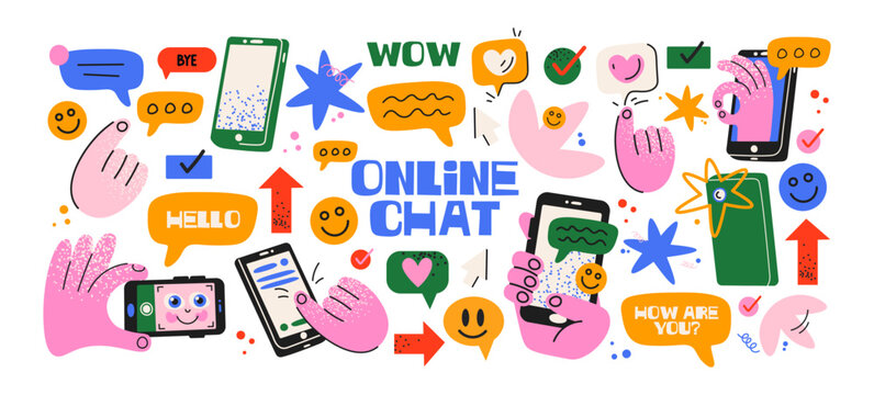 Online chat stickers in cartoon Memphis style. Digital elements: speech bubbles, smartphones, emoji. Hands with phones, buttons, notifications, communication icons. Web pc pages in old computer style