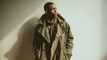 A young Black man with a short haircut, wearing an olive green, oversized coat and a muted scarf, stands against a light beige wall, bathed in soft sunlight, his 