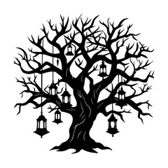 Spooky Tree With Hanging Lanterns Vector