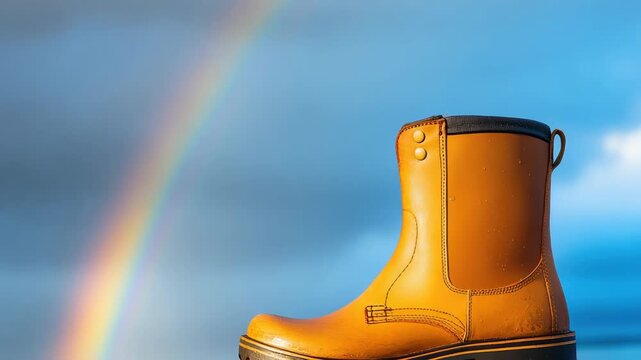 Brown waterproof boot on wet ground with rainbow backdrop