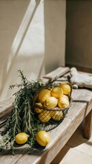 Lemons on rustic wooden bench with herbs, soft golden sunlight, tuscan mood

