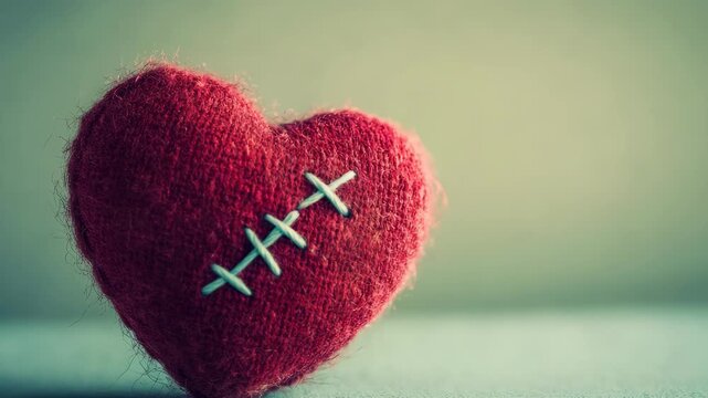 Red fabric heart with stitches symbolizes emotional healing