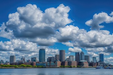 Fototapeta premium Boston skyline with dramatic clouds. City buildings line a river, under a vibrant blue sky filled with large, puffy white clouds