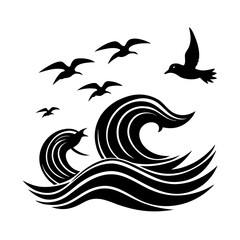 Waves And Birds Flying Above Vector