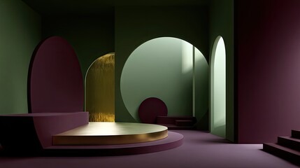 Geometric display podiums in muted greens and purples.