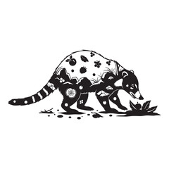 A coati foraging for berries with a mountain range inside