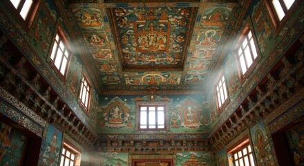 Obraz premium A vibrant interior of a temple, featuring intricate murals and sunlight streaming through windows