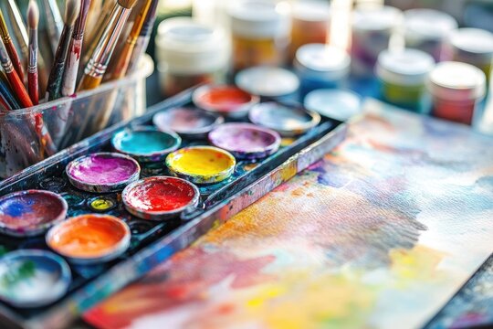Watercolor paints, brushes, and palette on a table. Colorful watercolors in wells, paintbrushes, and an array of color on a canvas