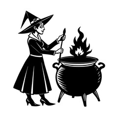 Witch Stirring Potion In Cauldron Vector