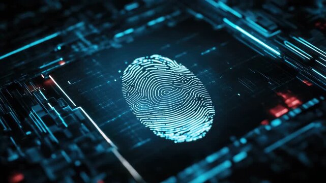 The image depicts a high-tech device that uses advanced biometric recognition to authenticate digital identity, set against a futuristic cyber backdrop.