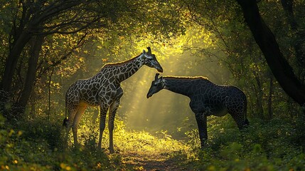 Two giraffes in a sunlit forest.