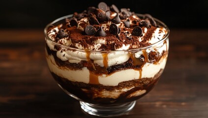 Tiramisu parfait in glass bowl, topped with whipped cream, chocolate chips and cocoa powder. Caramel sauce drizzles down the sides