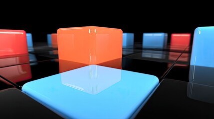 Colorful glossy cubes arranged on a dark surface.