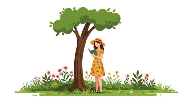Woman Reading Under Tree in Summer Garden Floral Dress Illustration.