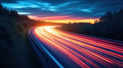 Long exposure shot of highway car light trails at sunset.