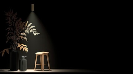 Wooden bar stool in a dark room with plants.