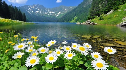 Lakeside flowers in a mountainous region.