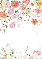 Watercolor floral illustration - border with bright peach color, white, pink, blue flowers, rose, peony, poppy, tulips, sweet pea, chamomile, ranunculus, buttercups. Wedding invitation, clipart.