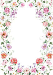 Watercolor floral illustration - border with bright peach color, white, pink, blue flowers, rose, peony, poppy, tulips, sweet pea, chamomile, ranunculus, buttercups. Wedding invitation, clipart.
