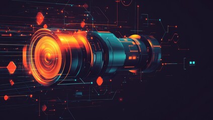 Futuristic lens with glowing circuits.  Dynamic,  technological design.  Abstract representation of camera or optical device