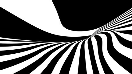 Abstract black and white striped optical illusion design.