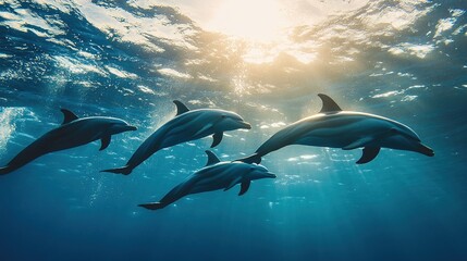 Four dolphins swim gracefully underwater with sunlight streaming through the ocean surface above them.